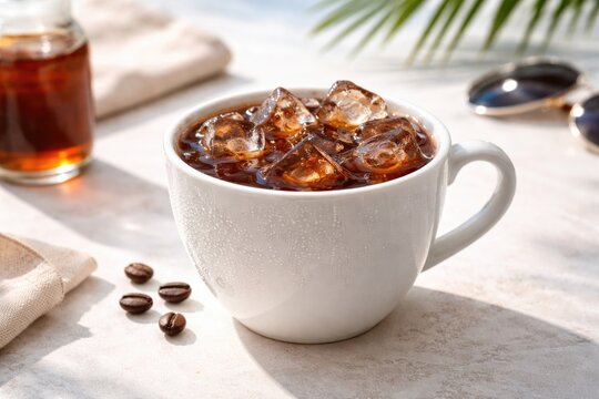 White cup filled with revitalizing cold brew coffee presented on white surface for summer enjoyment