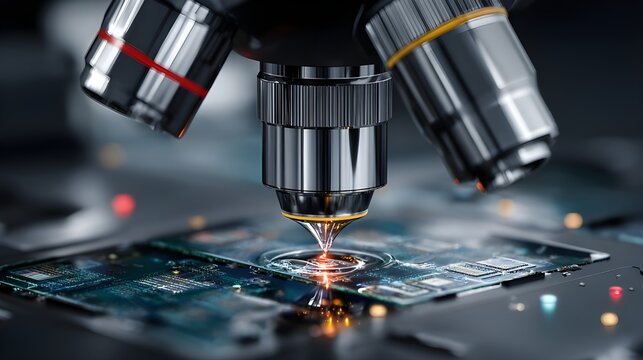 Microscope objective lens illuminates a printed circuit board while performing a detailed microscopic scan to detect microscopic defects in the advanced electronic manufacturing production cycle.