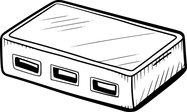 Hand drawn black and white of a usb hub with ports computer accessory