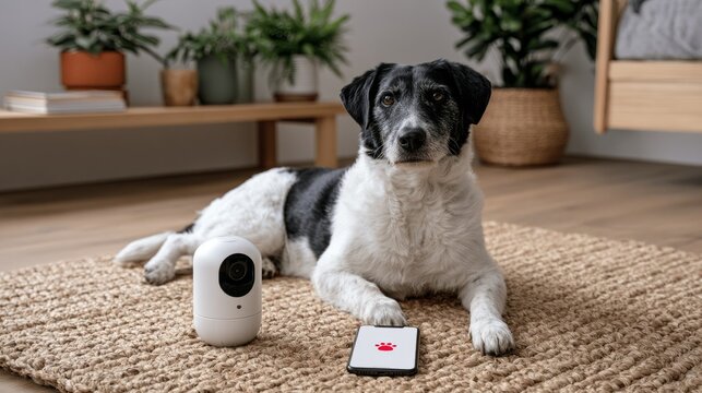 Black and white dog lying on rug with pet camera and smartphone for remote monitoring