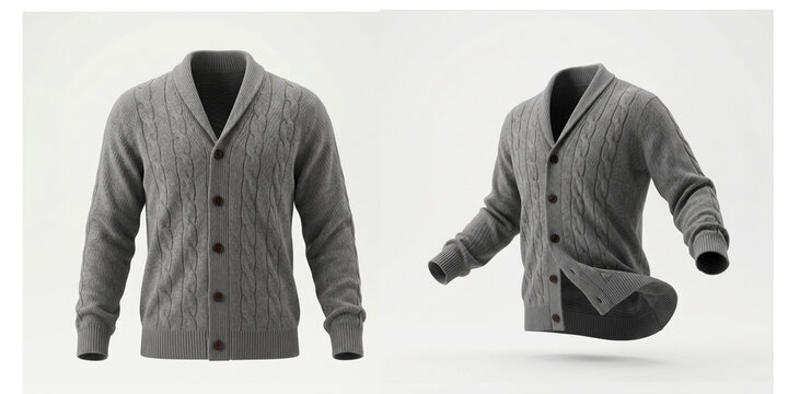 Grey men's knitted cardigan with braid pattern and shawl collar. Two angles: a static view and a model in motion without a human.  warm jersey, insulated on a white background.