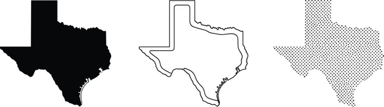 Texas state map set, solid black silhouette, double line border outline and halftone dotted pattern design for infographic, branding, print and web use, vector illustration
