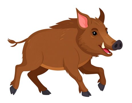Cartoon brown boar running with tusks and stubby tail