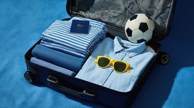Suitcase packed with clothes, sunglasses, soccer ball, and passport