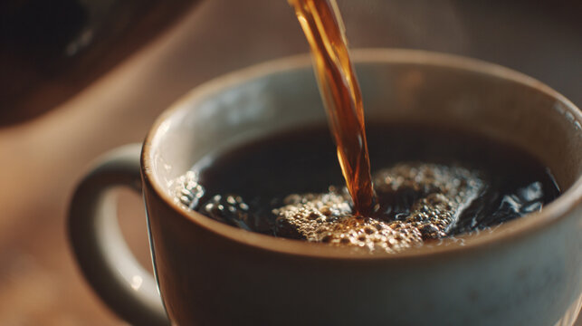 A steaming cup of freshly brewed coffee being poured, showcasing rich colors and textures. Perfect for coffee lovers and beverage enthusiasts, capturing the essence of warmth.
