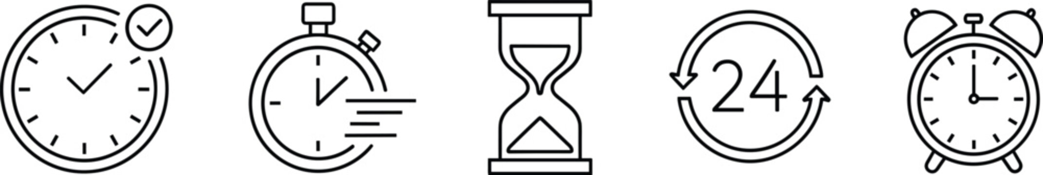 Time and deadline icons set, clock stopwatch hourglass alarm 24 hours symbol, productivity schedule reminder concept, black vector