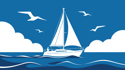 Naklejka premium Elegant sailboat sailing on wavy blue ocean under a sky with clouds and flying seagulls sailboat nautical recreation transport