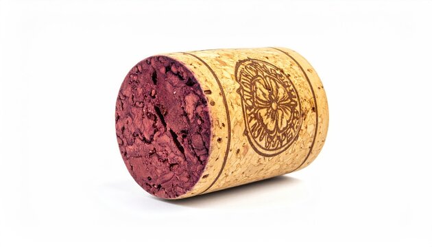 Detailed view of a wine cork with intricate pattern, white background
