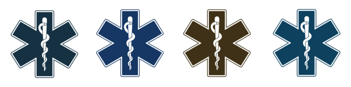 Medical emergency Star of Life icon set featuring healthcare symbols for ambulance, hospital, and urgent care vector illustration