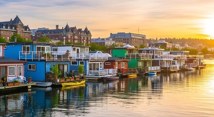 Fototapeta premium Colorful floating homes line tranquil water at sunset, city skyline afar