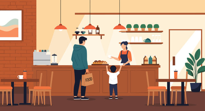 Friendly coffee shop interior shows a customer being served at the counter by a barista in a warm, modern setting.