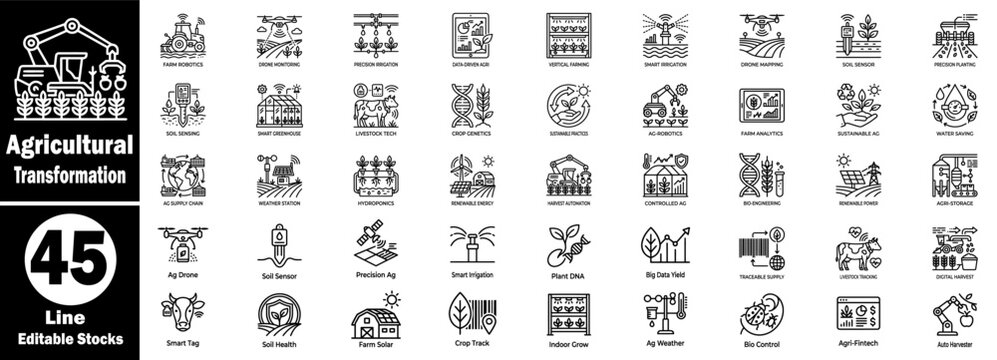 Agricultural transformation line icons. Showing modern farming technology and innovative smart tools.