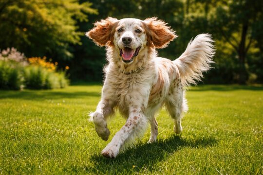 Delightful English Setter pet romping joyfully on green grass lawn full length summer scene