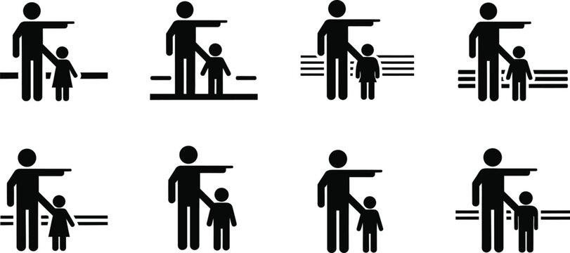 Child safety pictograms eight black silhouette icons depicting parental guidance and protection scenarios