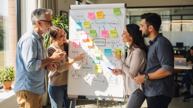 Diverse team collaborating on a business strategy whiteboard
