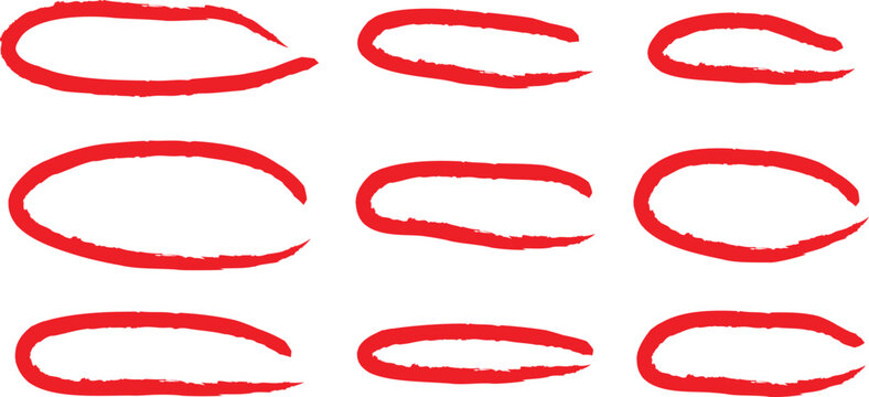 Red ink brush stroke shapes oval elliptical symbols collection