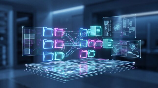 Futuristic data management interface with colorful digital folders and graphs.