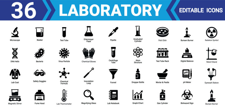Solid icon collection set of 36 laboratory editable vector illustrations mega pack