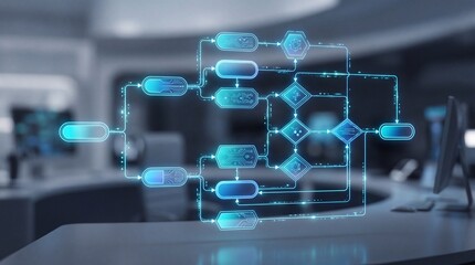 Fototapeta premium Futuristic digital flowchart displayed on a modern workspace interface.