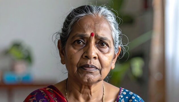 A portrait of an elderly Indian woman with gray hair and a bindi