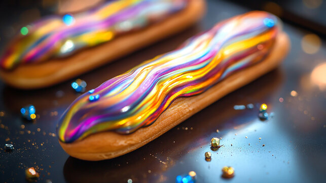Two iridescent swirled colorful glazed gourmet eclair pastries with scattered sprinkles sweet food two objects iridescent colorful sprinkles