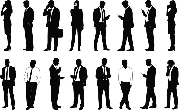Black silhouettes of business people standing and using phones