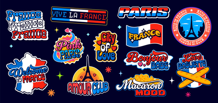 Retro vintage y2k French stickers, France patch labels featuring playful slogans related to Paris, love, cuisine, culture and national pride. Eiffel Tower, tricolor flag, baguettes and bold typography