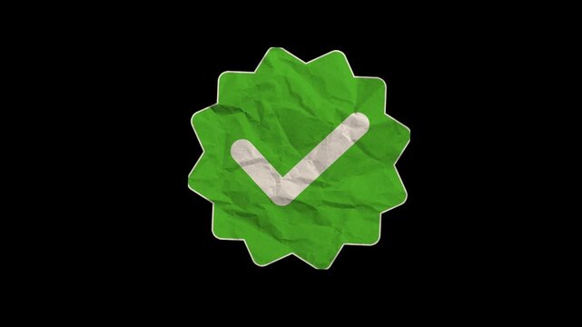 Alpha Channel Crumpled Paper Green Badge Checklist Animation - Verification Success and Approval Concept