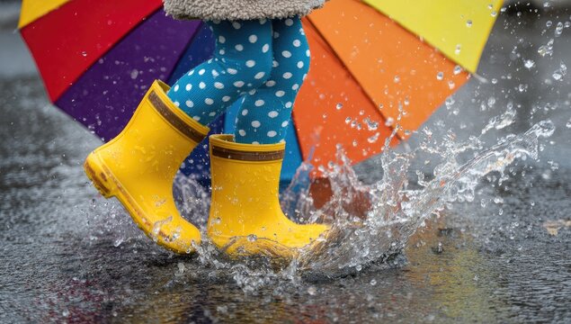 Bright yellow boots splash through puddles under a vibrant rainbow umbrella