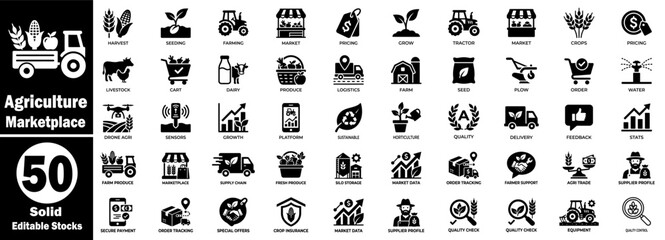 Agriculture marketplace solid icons. For web design and mobile apps, user interface vector illustration. © Hafiz