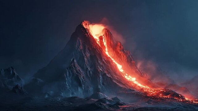 Erupting Volcano with Flowing Lava Across the Landscape