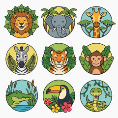 Fototapeta premium A vibrant collection of nine circular badges, each depicting a distinct jungle or forest animal's friendly face surrounded by lush green foliage and natural elements.