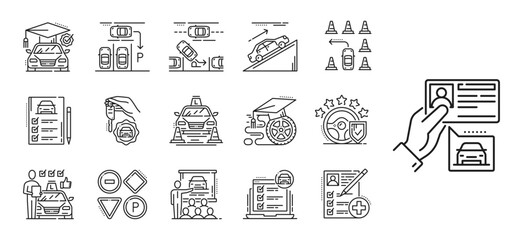 Fototapeta premium Driving school icons for vehicle drive training and education, vector pictograms. Driving school line icons of car drive test and driver license, parking training and traffic rules exam for road signs