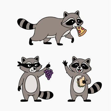 Three mischievous cartoon raccoons engaging in various activities: one scurrying away with a slice of pizza, another offering grapes, and a third happily eating a sandwich.