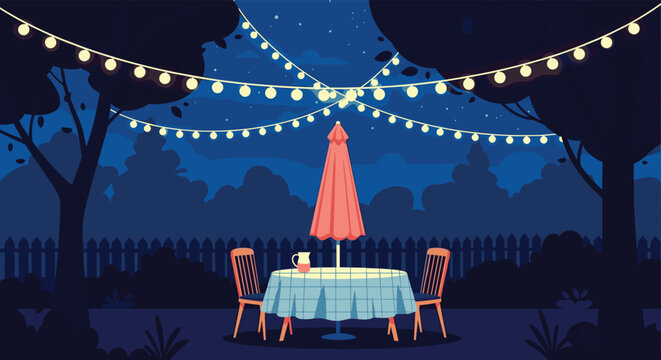 Nighttime garden patio scene with outdoor dining table and chairs set under strings of glowing warm lights for a cozy atmosphere.