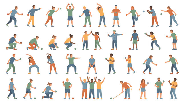 Comprehensive set of 30 flat vector illustrations featuring different bocce balls with unique colors, patterns, and textures for lawn sports, p&eacute;tanque, and outdoor recreation.