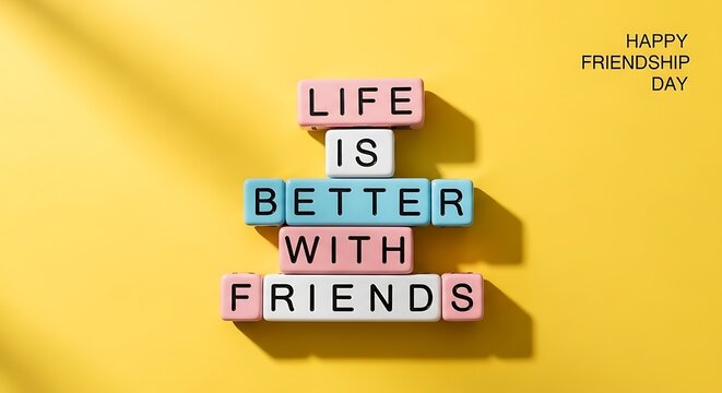 Life is better with friends colorful letter blocks on yellow background