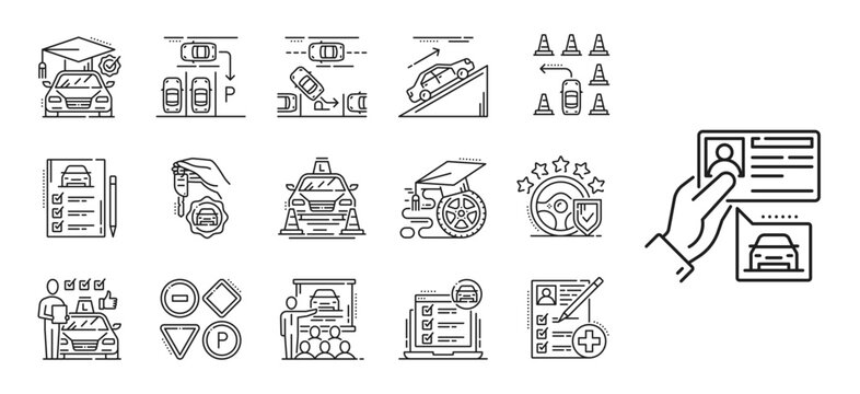 Driving school icons for vehicle drive training and education, vector pictograms. Driving school line icons of car drive test and driver license, parking training and traffic rules exam for road signs