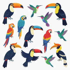 Fototapeta premium A vibrant and abundant illustration featuring a diverse array of tropical birds, including colorful toucans, majestic parrots, and delicate hummingbirds in various poses.