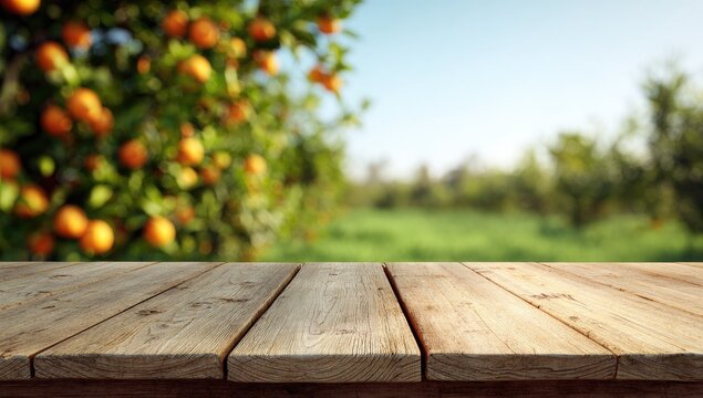 Rustic wooden table foreground with blurred citrus grove backdrop