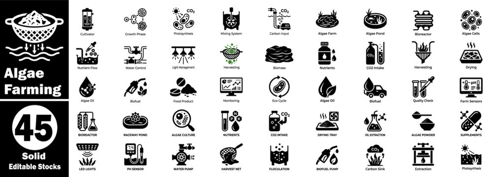 Algae farming solid icon set. Editable stock icons set on a transparent background for apps and websites.