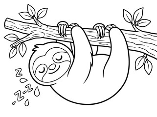 Fototapeta premium Cute sleeping sloth coloring page for kids, minimalist line art style