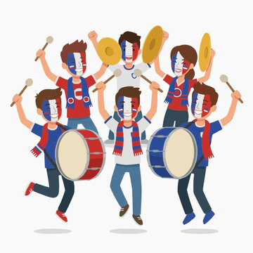 Enthusiastic French sports fans, faces painted with tricolor flags, joyfully playing drums and cymbals, energetically cheering on their team with musical passion.