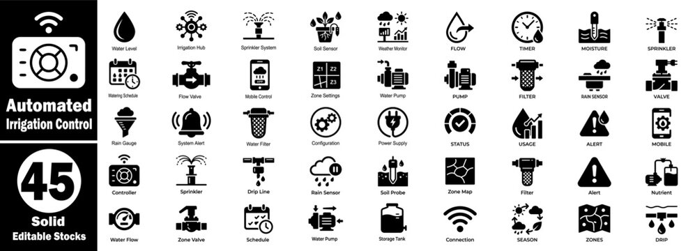 Automated irrigation control solid icon set. Representing smart gardening technology, water management sensors, valves, and tools.