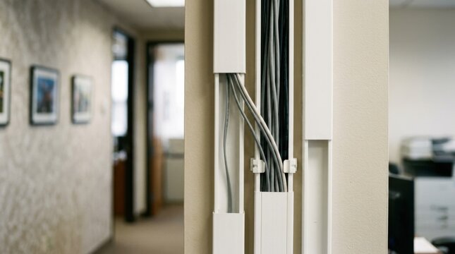 Closeup medium shot focusing on phone cable routed through plastic cable channels highlighting neat and secure internal wiring management.
