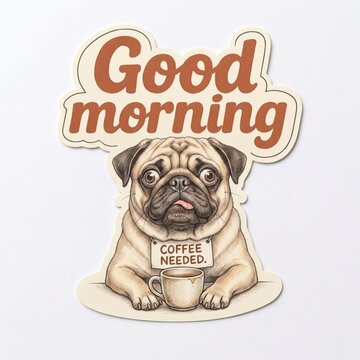 Vintage pug dog sticker with funny mood saying Good Morning and Coffee Needed