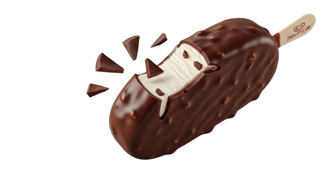 Delicious chocolate coated vanilla ice cream bar with almond pieces isolated on transparent background