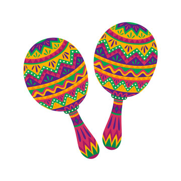 Mexican folk rhythm maracas musical instrument. Mexican carnival maracas, Hispanic culture festival vector maraca with geometric wavy patterns. Cuba folk percussion music instrument isolated object