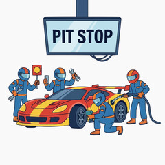 Fototapeta premium A vibrant cartoon illustration showing a busy race pit stop, with four crew members servicing a red sports car.