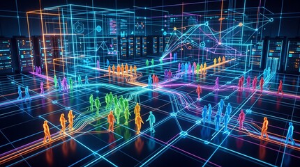 Fototapeta premium Futuristic digital landscape with people in vibrant neon colors and interconnected lines.